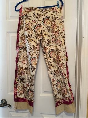 Boho Beachy Floral Print Wide-Leg Pants in Cream and Burgundy